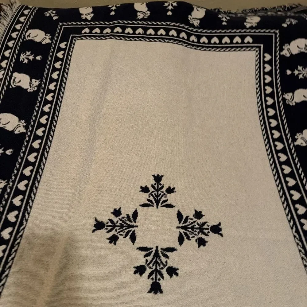 Vtg Cat Throw Blanket Woven Cotton Blue Cream Heart Reversible Grandmacore 45x66